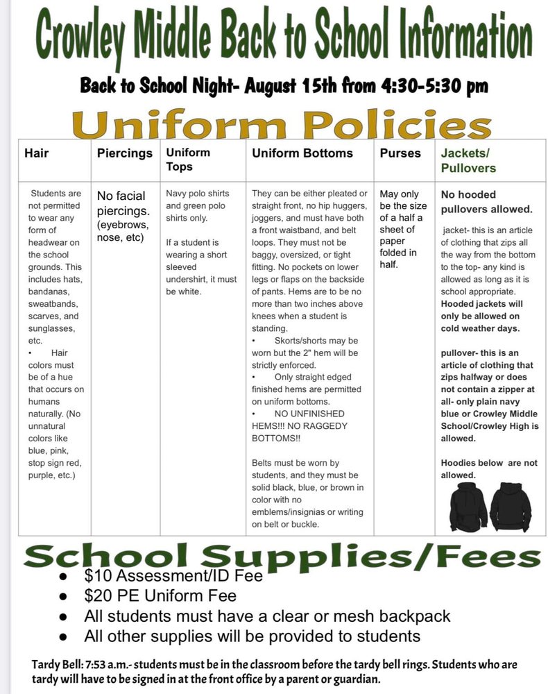 Back to School Information | CROWLEY MIDDLE SCHOOL